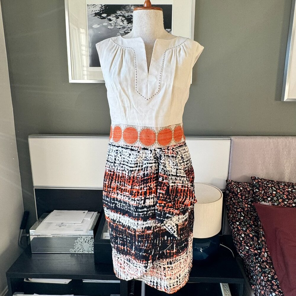 / Milly of New York 100% Linen Dress Sleeveless Ivory Faux Wrap Skirt US 2